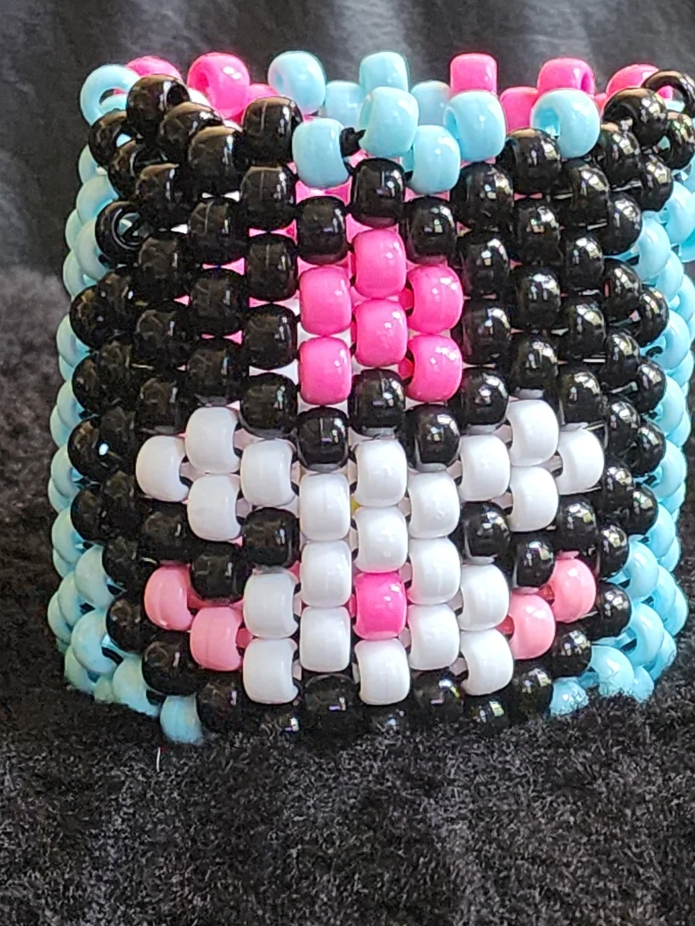 Handmade Beaded Kandi Cuff Bracelet in Black, White, Pink & Blue